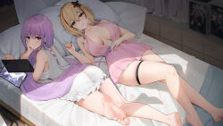 Rule 34 | 2girls, alexis kerib, azur lane, bed, blonde hair, blush, bow, breasts, cleavage, feet, feet up, gridman universe, hair ornament, highres, large breasts, legs, long hair, looking at viewer, lying, multiple girls, nightgown, official alternate costume, on bed, on stomach, pencil case, pillow, pink hair, purple bow, qing wu, red eyes, roon (azur lane), roon (muse) (azur lane), shinjou akane, shinjou akane (room of secrets), short hair, sleepwear, ssss.gridman, tablet pc, thigh strap