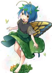 Rule 34 | 1girl, animal, antennae, aqua hair, bare legs, barefoot, blush, bug, butterfly, butterfly wings, commentary, dress, eternity larva, fairy, full body, green dress, hair between eyes, highres, insect, insect wings, leaf, leaf on head, mamemochi, multicolored clothes, multicolored dress, open mouth, short hair, short sleeves, single strap, smile, solo, symbol-only commentary, touhou, white background, wings, yellow eyes