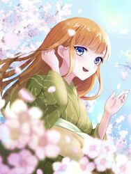Rule 34 | 1girl, blonde hair, blue eyes, blunt bangs, blurry, blurry background, blurry foreground, branch, cherry blossoms, day, depth of field, floating hair, from below, green kimono, highres, japanese clothes, kimono, lens flare, long hair, looking at viewer, obi, open mouth, orange hair, original, outdoors, petals, sash, sidelocks, sky, smile, solo, tsubaki yu, upper body, wind