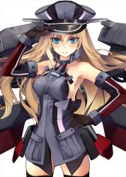 Rule 34 | 1girl, anchor hair ornament, armor, bare shoulders, bismarck (kancolle), black thighhighs, blonde hair, blue eyes, breastplate, brown gloves, cowboy shot, cross, detached sleeves, gloves, hair ornament, hand on own hip, hat, iron cross, kantai collection, long hair, looking at viewer, machinery, military, military hat, military uniform, parted lips, peaked cap, shirokitsune, simple background, solo, thighhighs, uniform, white background
