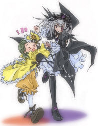 Rule 34 | 00s, 2girls, black dress, blush, closed eyes, dress, drill hair, flower, frilled sleeves, frills, green hair, hairband, height difference, holding, interlocked fingers, kanaria, lolita fashion, long sleeves, looking at another, lowres, multiple girls, pink eyes, rose, rozen maiden, silver hair, simple background, suigintou, twin drills, walking, white background, yellow dress