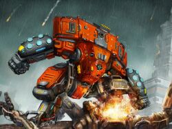 Rule 34 | absurdres, battle, clenched hand, engineer24, explosion, highres, mecha, no humans, outdoors, rain, robot, science fiction, titanfall, titanfall (series)