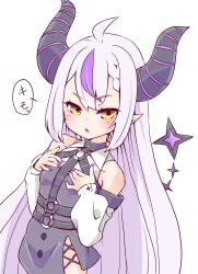 Rule 34 | 1girl, ahoge, bare shoulders, black horns, braid, braided bangs, detached sleeves, grey hair, highres, hololive, horns, kozakura-kun, la+ darknesss, la+ darknesss (1st costume), looking at viewer, multicolored hair, nail polish, o-ring, open mouth, pointy ears, purple hair, purple nails, solo, streaked hair, striped horns, tail, virtual youtuber, yellow eyes