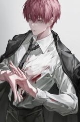 Rule 34 | 1boy, absurdres, bishounen, black coat, black necktie, black pants, blood, blood on clothes, chainsaw man, coat, collared shirt, deadprince, genderswap, highres, long sleeves, makima (chainsaw man), male focus, necktie, open clothes, open coat, pants, red hair, shirt, short hair, solo, upper body, white background, yellow eyes