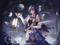 Rule 34 | 1girl, absurdres, blue hair, bug, butterfly, collar, detached sleeves, dog, doupo cangqiong, frilled collar, frills, fu guang qingqing, gu xun er (doupo cangqiong), highres, holding, holding lantern, insect, lantern, long hair, moon, night, outdoors, parted lips, second-party source, solo, teeth, thighhighs, tree