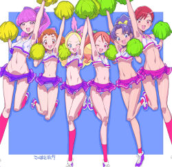 Rule 34 | 6+girls, :d, ;d, arisugawa himari, arm up, armpits, blue eyes, blue hair, breasts, cheerleader, fang, highres, kenjou akira, kirahoshi ciel, kirakira precure a la mode, kotozume yukari, miyagoe yoshitsuki, multiple girls, navel, no bra, one eye closed, open mouth, pom pom (cheerleading), precure, purple eyes, purple hair, smile, standing, standing on one leg, tategami aoi, underboob, usami ichika