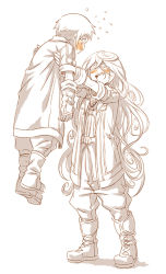Rule 34 | 1boy, 1girl, :d, ^ ^, arm at side, boots, closed eyes, collared shirt, cr72, closed eyes, flying sweatdrops, full body, gloves, hair between eyes, jacket, lifting person, long hair, looking at another, lyza (made in abyss), made in abyss, monochrome, open clothes, open jacket, open mouth, pants, shirt, short hair, sketch, smile, spot color, standing, torka, very long hair, whistle, wing collar