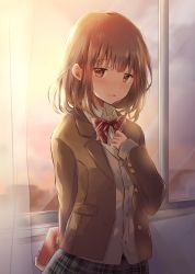 Rule 34 | 1girl, arm behind back, arm up, blazer, blush, bow, bowtie, box, brown eyes, brown hair, brown jacket, commentary request, curtains, gift, gift box, gradient sky, hallway, hand on own chest, head tilt, highres, holding, holding box, hoshiibara mato, indoors, jacket, looking at viewer, open clothes, open jacket, original, parted lips, plaid, plaid skirt, school uniform, shirt, short hair, skirt, sky, sleeves past wrists, solo, striped bow, striped bowtie, striped clothes, striped neckwear, twilight, untucked shirt, valentine, white shirt, window