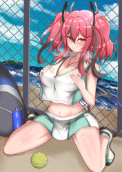 Rule 34 | 1girl, absurdres, azur lane, ball, bare legs, beach, blue sky, blush, bottle, breast suppress, breasts, bremerton (azur lane), bremerton (scorching-hot training) (azur lane), chain-link fence, cleavage, cloud, collarbone, commentary request, crop top, crop top overhang, day, fence, full body, green skirt, grey hair, hair between eyes, hair intakes, hair ornament, hairclip, heart, heart necklace, heavy breathing, highres, horizon, island, jewelry, kneeling, large breasts, long hair, looking at viewer, midriff, mole, mole under eye, multicolored hair, navel, necklace, ocean, okine (okine691), outdoors, pink eyes, pink hair, racket, revision, sand, shadow, shirt, shoes, sidelocks, skirt, sky, sleeveless, sleeveless shirt, smile, sneakers, solo, sportswear, streaked hair, sweat, tennis ball, tennis racket, tennis uniform, twintails, two-tone hair, two-tone skirt, water bottle, white shirt, white skirt