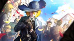 Rule 34 | + +, 1girl, 6+others, :3, belt, black gloves, black vest, blonde hair, blue headwear, blue necktie, bob cut, cavalier hat, collared shirt, don quixote (project moon), fighting, game cg, gloves, hair between eyes, highres, limbus company, multiple others, nai ga, necktie, official art, one eye closed, plume, project moon, rapier, sheath, sheathed, shirt, slapping, solo focus, sword, town, vest, weapon, white shirt, yellow eyes