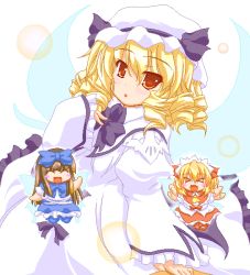Rule 34 | 3girls, :d, :o, ^ ^, blonde hair, blue dress, blush stickers, brown hair, chibi, closed eyes, dress, drill hair, female focus, flying, frills, hat, looking at viewer, luna child, marimo (artist), mini person, minigirl, mob cap, multiple girls, oekaki, open mouth, parted lips, perfect memento in strict sense, red dress, red eyes, red theme, short hair, size difference, smile, star sapphire, sunny milk, touhou