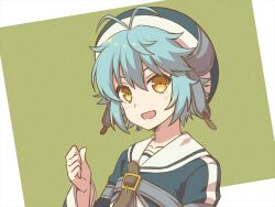 Rule 34 | 1girl, :d, antenna hair, blue hair, chihiro (chihiro3399), clenched hand, commentary request, eiyuu densetsu, eyebrows hidden by hair, green background, hair between eyes, hand up, light blush, looking at viewer, millium orion, open mouth, sailor collar, sen no kiseki, short hair, simple background, smile, solo, spiked hair, tareme, upper body, white sailor collar, yellow eyes