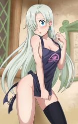 Rule 34 | 1girl, apron, artist name, black thighhighs, blue eyes, blush, breasts, earrings, elizabeth liones, gluteal fold, hair over one eye, highres, indoors, jewelry, long hair, looking at viewer, medium breasts, naked apron, nanatsu no taizai, obakeart, silver hair, single thighhigh, smile, solo, standing, thighhighs, window