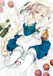 Rule 34 | 1girl, :q, alcohol, apple, apple peel, bad id, braid, bunkyo takemi, female focus, food, frilled thighhighs, frills, fruit, highres, holding, izayoi sakuya, knife, looking at viewer, lying, maid, maid headdress, on back, orange eyes, peeling, realistic, silver hair, skirt, solo, thighhighs, tongue, tongue out, touhou, white thighhighs