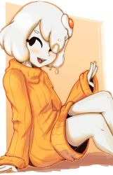 Rule 34 | 1girl, artymono, black eyes, borrowed character, egg, feet out of frame, highres, long sleeves, looking at viewer, monster girl, open mouth, orange sweater, original, ribbed sweater, simple background, sitting, slime girl, solo, sweater