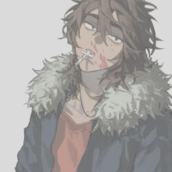 Rule 34 | 1boy, blood, blood on face, blue jacket, brown hair, cross, cross necklace, fur-trimmed jacket, fur trim, green eyes, highres, isoi reiji, iuew, jacket, jewelry, male focus, medium hair, necklace, necklace in mouth, open clothes, open jacket, red shirt, saibou shinkyoku, sanpaku, shirt, simple background, solo, thick eyebrows, white background