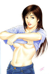 Rule 34 | 00s, 1girl, 2000, absurdres, artist name, breasts, brown eyes, brown hair, clothes lift, denim, family compo, highres, houjou tsukasa, lifting own clothes, linea alba, long hair, looking at viewer, medium breasts, midriff, navel, no bra, official art, parted lips, shirt, shirt lift, simple background, solo, standing, t-shirt, underboob, undressing, upper body, wakanae shion, white background