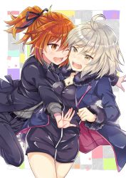 Rule 34 | 2girls, ;d, ahoge, belt, black dress, black jacket, black ribbon, blush, brown eyes, commentary request, cowboy shot, cowlick, dress, fate (series), formal, fujimaru ritsuka (female), fujimaru ritsuka (female) (royal brand), fur trim, hair ribbon, jacket, jeanne d&#039;arc (fate), jeanne d&#039;arc (ruler) (fate), jeanne d&#039;arc alter (fate), jeanne d&#039;arc alter (ver. shinjuku 1999) (fate), jewelry, long sleeves, looking at another, multiple girls, necklace, official alternate costume, one eye closed, open clothes, open jacket, open mouth, orange eyes, orange hair, pant suit, pants, ponytail, ribbon, short dress, silver hair, smile, suit, suit jacket, takitarou, yuri
