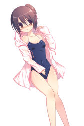 Rule 34 | 1girl, ayuzawa misaki, bad id, bad pixiv id, blue one-piece swimsuit, blush, brown eyes, brown hair, competition school swimsuit, embarrassed, hair between eyes, halterneck, hood, hoodie, kaichou wa maid-sama!, legs together, one-piece swimsuit, ponytail, school swimsuit, short hair, simple background, solo, sumii, surprised, swimsuit, swimsuit under clothes, white background, wide-eyed