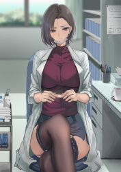 Rule 34 | 1girl, bandaid, blurry, blurry background, blush, bookshelf, breasts, brown eyes, brown hair, cart, closed mouth, crossed legs, cup, desk, hair behind ear, kesoshirou, lab coat, large breasts, looking at viewer, mask, miniskirt, mouth mask, original, paper, red sweater, short hair, sitting, skirt, sweater, thighhighs, thighs, tissue box, turtleneck, turtleneck sweater, window