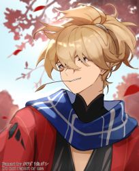 Rule 34 | 1boy, blonde hair, blue scarf, genshin impact, hair over eyes, high ponytail, highres, japanese clothes, kazuha&#039;s friend (genshin impact), kimono, leaf, looking to the side, male focus, okkobc, red kimono, scarf, torn clothes