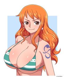 Rule 34 | 1girl, absurdres, artist name, bikini, bikini top only, breasts, cleavage, collarbone, earrings, highres, huge breasts, jewelry, long hair, nami (one piece), one piece, orange hair, shoulder tattoo, simmsy, smile, solo, swimsuit, tattoo, underboob, upper body
