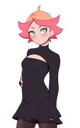 Rule 34 | 1girl, absurdres, ahoge, amanda o&#039;neill, black dress, black pantyhose, blush, breasts, cleavage cutout, clothing cutout, dress, green eyes, highres, little witch academia, long sleeves, pantyhose, pudgeruffian, short dress, short hair, simple background, sleeves past wrists, small breasts, solo, white background