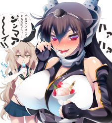 Rule 34 | 10s, 2girls, bad id, bad pixiv id, bare shoulders, black gloves, black panties, blonde hair, blush, breasts, brown hair, cleavage, covered erect nipples, cowboy shot, detached sleeves, eating, elbow gloves, female focus, fingerless gloves, food, fruit, gloves, hair between eyes, headgear, highleg, highleg panties, highres, holding, huge breasts, ice cream, jitome, kantai collection, long hair, looking at viewer, looking away, messy hair, midriff, mizukami ryouma, multiple girls, nagato (kancolle), open mouth, panties, pink eyes, red eyes, school uniform, serafuku, sexually suggestive, shimakaze (kancolle), shiny skin, simple background, skirt, spoon, strawberry, sundae, tongue, tongue out, translation request, tsurime, underwear, upper body, very long hair, white background, white gloves, yellow eyes