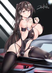 Rule 34 | 1girl, arm strap, azur lane, bare shoulders, black thighhighs, blush, breasts, brown hair, center opening, character name, cleavage, closed mouth, collarbone, criss-cross halter, garter straps, halterneck, highres, large breasts, long hair, looking at viewer, one side up, pelvic curtain, smile, thighhighs, thighs, tnolize, unitard, wrist cuffs, yellow eyes, zuikaku (azur lane), zuikaku (the wind&#039;s true name) (azur lane)