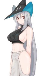 Rule 34 | 1girl, arknights, arms behind back, bare arms, bare hips, bare shoulders, black headwear, breasts, closed mouth, cowboy shot, crop top, expressionless, female focus, highres, inniyik, long hair, looking at viewer, medium breasts, navel, red eyes, sideboob, sidelocks, silver hair, simple background, skadi (arknights), sleeveless, solo, stomach, straight hair, thighs, toned, very long hair, white background