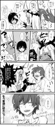 Rule 34 | 001 (darling in the franxx), 10s, 1boy, 1girl, 4koma, blush, comic, couple, dark skin, darling in the franxx, face-to-face, facing another, greyscale, hand on another&#039;s head, hand to own mouth, highres, hiro (darling in the franxx), horns, licking, long hair, looking at another, monochrome, one eye closed, oni horns, sakuragouti, scar, scar on face, short hair, smelling, speech bubble, sweatdrop, thick eyebrows, tongue, tongue out, translation request