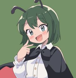 Rule 34 | 1girl, :d, absurdres, androgynous, antennae, black cape, blue eyes, blush, breasts, buttons, cape, collared shirt, green background, green hair, hashtag-only commentary, highres, long sleeves, looking at viewer, nara (gsx250r anzio), open mouth, puffy sleeves, red cape, shirt, short hair, simple background, small breasts, smile, solo, touhou, two-sided cape, two-sided fabric, two-tone cape, upper body, v, white shirt, wriggle day, wriggle nightbug