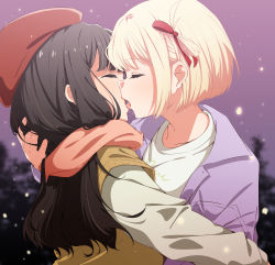 Rule 34 | 2girls, absurdres, beret, black hair, blonde hair, blurry, blurry background, brown sweater, closed eyes, clothes writing, collarbone, commentary request, commission, enpera, face-to-face, facing another, fingernails, french kiss, from side, hair ribbon, hand on another&#039;s head, hand up, hat, heart, heart print, highres, inoue takina, jacket, kiss, layered sleeves, long hair, long sleeves, lycoris recoil, multiple girls, musihara, night, nishikigi chisato, one side up, open clothes, open jacket, open mouth, outdoors, print shirt, profile, purple jacket, red headwear, red ribbon, red scarf, ribbon, saliva, scarf, shirt, short-sleeved sweater, short hair, short over long sleeves, short sleeves, skeb commission, snowing, sweater, teeth, tongue, tongue out, tree, upper body, upper teeth only, white shirt, yuri
