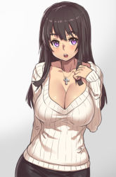 Rule 34 | 1girl, black hair, blush, breasts, cleavage, cross, houtengeki, jewelry, large breasts, long hair, looking at viewer, necklace, open mouth, original, purple eyes, ribbed sweater, sketch, solo, sweater