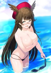 Rule 34 | 1girl, absurdres, bikini, bikini top only, blue bikini, blunt bangs, blush, breasts, brown hair, cleavage, collarbone, cowboy shot, day, furrowed brow, glasses, green eyes, groin, hair wings, half-closed eyes, hat, head wings, highleg, highleg bikini, highres, holding, holding clothes, holding swimsuit, lace, lace-trimmed bikini, lace trim, large breasts, long hair, looking at viewer, meth (emethmeth), multi-strapped bikini bottom, navel, open mouth, original, red hat, skindentation, solo, string bikini, swimsuit, topless, unworn bikini, unworn bikini top, water, wet, wet clothes, wings