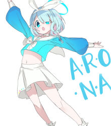 Rule 34 | 1girl, :o, arm up, arona (blue archive), blue archive, blue eyes, blue hair, blue halo, blunt bangs, bow, bowtie, braid, character name, commentary request, crop top, feet out of frame, flat chest, hairband, halo, jumping, long sleeves, looking at viewer, midriff, navel, open mouth, pleated skirt, sailor collar, school uniform, serafuku, short hair, side braid, simple background, single braid, skirt, solo, solopipb, white background, white bow, white bowtie, white hairband, white skirt