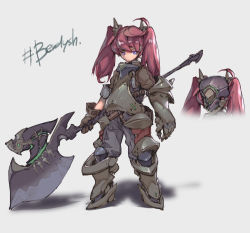 Rule 34 | 1girl, armor, axe, battle axe, breastplate, brown gloves, closed mouth, english text, gauntlets, gloves, grey background, grey pants, hashtag, helmet, highres, holding, holding weapon, long hair, looking at viewer, armored boots, original, pants, purple eyes, red hair, simple background, single gauntlet, solo, standing, twintails, urorong, weapon