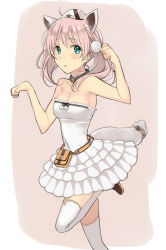 Rule 34 | 10s, 1girl, 3u, :o, alternate costume, animal ears, aqua eyes, armpits, atelier (series), atelier escha &amp; logy, bad id, bad pixiv id, bag, bare shoulders, belt, belt bag, blush, braid, breasts, cat ears, cat girl, cleavage, clenched hand, clenched hands, dress, escha malier, female focus, french braid, frills, green eyes, hat, jewelry, kemonomimi mode, legs, looking at viewer, medium breasts, neck, necklace, open mouth, paw pose, pink background, pink hair, shoes, short hair, short twintails, simple background, skirt, solo, standing, standing on one leg, strapless, strapless dress, tail, thighhighs, twintails, white dress, white skirt, white thighhighs, zettai ryouiki
