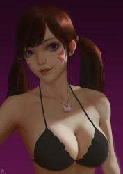 Rule 34 | 1girl, 2016, absurdres, alternate eye color, alternate hairstyle, black bra, bra, breasts, brown hair, chromatic aberration, cleavage, collarbone, d.va (overwatch), dated, eyelashes, facepaint, facial mark, gradient background, highres, jewelry, long hair, looking at viewer, medium breasts, millet (d323323), necklace, nose, overwatch, overwatch 1, pendant, pink lips, purple background, purple eyes, realistic, short twintails, solo, swept bangs, twintails, underwear, underwear only, upper body, whisker markings
