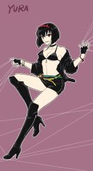 Rule 34 | 1girl, alternate universe, artist request, bare legs, bare shoulders, black gloves, black hair, bob cut, boots, bra, breasts, character name, cleavage, curvy, dress, fingerless gloves, fingernails, gloves, hair ribbon, hairband, high heel boots, high heels, inuyasha, jacket, large breasts, lips, lipstick, looking at viewer, makeup, medium breasts, miniskirt, open clothes, open jacket, pink eyes, red ribbon, revealing clothes, ribbon, sakasagami no yura, sash, shiny clothes, shiny skin, short hair, silk, simple background, skirt, smile, solo, string, sword, thigh boots, underwear, weapon, wide hips