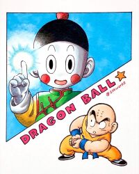 Rule 34 | 2boys, a24wks, artist name, bald, black eyes, blush stickers, chaozu, chinese clothes, colored skin, commentary, copyright name, dougi, dragon ball, dragon ball (classic), facial mark, forehead mark, highres, index finger raised, kamehameha (dragon ball), kuririn, male focus, marker (medium), multiple boys, official style, open mouth, smile, squatting, star (symbol), sweatdrop, toriyama akira (style), traditional media, twitter username, white skin