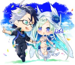 Rule 34 | 1boy, 1girl, :d, aqua eyes, bikini, black-framed eyewear, black hair, black pants, black shirt, blue flower, blue hair, blue rose, blue scarf, braid, breasts, brynhildr (fate), brynhildr (swimsuit berserker) (fate), brynhildr (swimsuit berserker) (third ascension) (fate), chibi, cleavage, colored inner hair, cross-laced bikini, cross-laced clothes, fate/grand order, fate (series), flower, full body, glasses, gloves, holding, holding clothes, holding gloves, lapis429, long hair, looking at another, messy hair, multicolored hair, open mouth, pants, petals, purple eyes, rose, scarf, shirt, side braid, signature, sigurd (fate), sigurd (memories with my lover) (fate), smile, swimsuit, two-tone hair, veil, white bikini, white hair, wrist cuffs