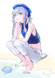 Rule 34 | 1boy, arknights, bare shoulders, beach, blue hair, blue hat, blue shirt, cleavage cutout, clothing cutout, earrings, hat, head rest, jewelry, looking at viewer, male focus, midriff, mizuki (arknights), navel, pants, pink eyes, shirt, short hair with long locks, simple background, sleeveless, sleeveless shirt, soaking feet, solo, squatting, trap, water, white background, white pants, zuncro gb