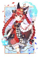Rule 34 | 1girl, ametama (runarunaruta5656), animal ear fluff, animal ears, argyle, argyle clothes, argyle dress, bow, bowtie, braid, breasts, cat ears, feet out of frame, floral background, grin, hand up, highres, kaenbyou rin, long hair, looking at viewer, medium breasts, petals, red eyes, red hair, smile, solo, touhou, twin braids, twintails, very long hair