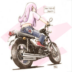 Rule 34 | 1girl, alternate costume, brown gloves, denim, exhaust pipe, from behind, gloves, jeans, license plate, little witch academia, looking back, midriff peek, motor vehicle, motorcycle, pants, purple hair, purple shirt, rear-view mirror, red eyes, red footwear, riding, shiro0909, shirt, shoes, smile, sneakers, solo, sucy manbavaran, ukrainian text, vehicle focus