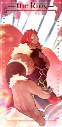 Rule 34 | 1boy, ancient greek clothes, armor, bara, beard, breastplate, cape, cropped legs, facial hair, fate/zero, fate (series), foreshortening, from side, front slit, fur-trimmed cape, fur trim, greco-roman clothes, highres, inset border, iskandar (fate), kalonezhno, large pectorals, leather, looking ahead, male focus, mature male, muscular, muscular male, outstretched arm, pectorals, profile, red cape, red eyes, red hair, short hair, sidepec, smile, solo, tarot, tarot (medium), thick eyebrows, tsurime