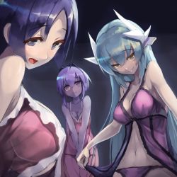 Rule 34 | 3girls, aqua hair, bare shoulders, black gloves, blush, breasts, dark skin, dark-skinned female, fate/grand order, fate/prototype, fate/prototype: fragments of blue and silver, fate (series), gloves, hairband, hassan of serenity (fate), highres, horns, kiyohime (fate), large breasts, lingerie, long hair, looking at viewer, medium breasts, minamoto no raikou (fate), multiple girls, nightgown, purple eyes, purple hair, short hair, smile, sue (bg-bros), underwear, very long hair, yellow eyes