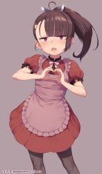 Rule 34 | 1girl, ahoge, alternate costume, alternate hairstyle, apron, asymmetrical bangs, black pantyhose, blunt bangs, blush, brown hair, dress, frilled apron, frills, hair ornament, hairclip, heart, heart hands, long hair, mochi (mochi444420), open mouth, pantyhose, pink apron, pink neckwear, ponytail, purple background, red dress, red eyes, short sleeves, simple background, solo, sweat, touhoku kiritan, voiceroid