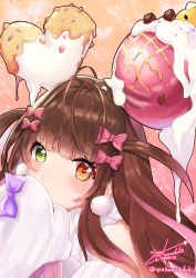 Rule 34 | 1girl, bow, brown hair, candy, destiny child, euros (destiny child), food, hair bow, hair ornament, heterochromia, looking at viewer, sweater, syukannaduki720