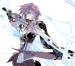 Rule 34 | 1girl, armor, blue eyes, breasts, cofffee, cowboy shot, fighting stance, final fantasy, final fantasy xiii, fingerless gloves, gloves, grey gloves, gunblade, hair over shoulder, holding, holding weapon, lightning farron, looking at viewer, medium breasts, medium hair, outstretched arm, pink hair, shirt, shoulder armor, sleeveless, sleeveless shirt, solo, weapon, white background, white shirt